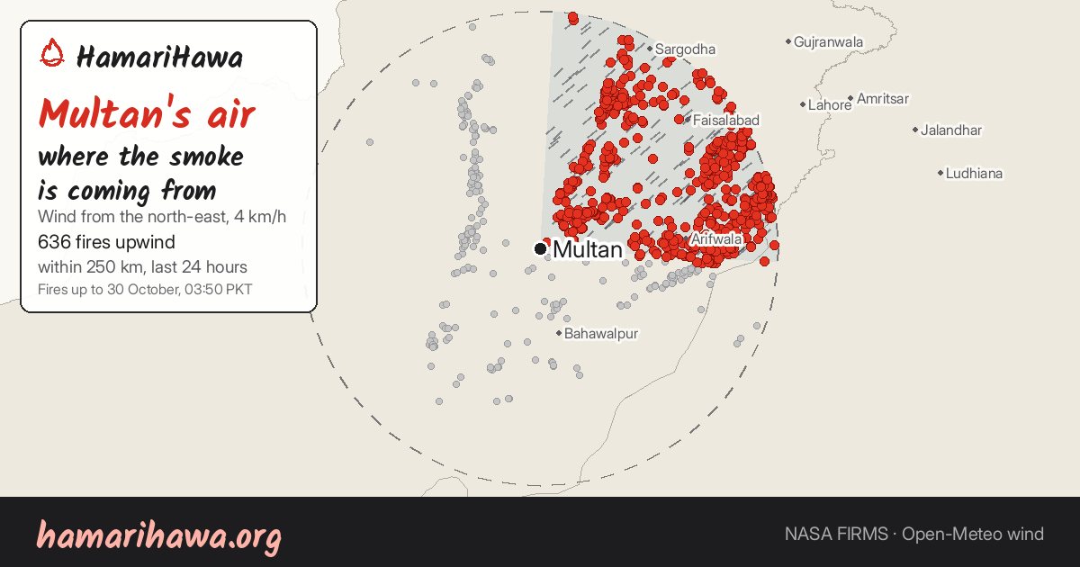 Multan: the last 24 hours of fires within 250 km and the wind