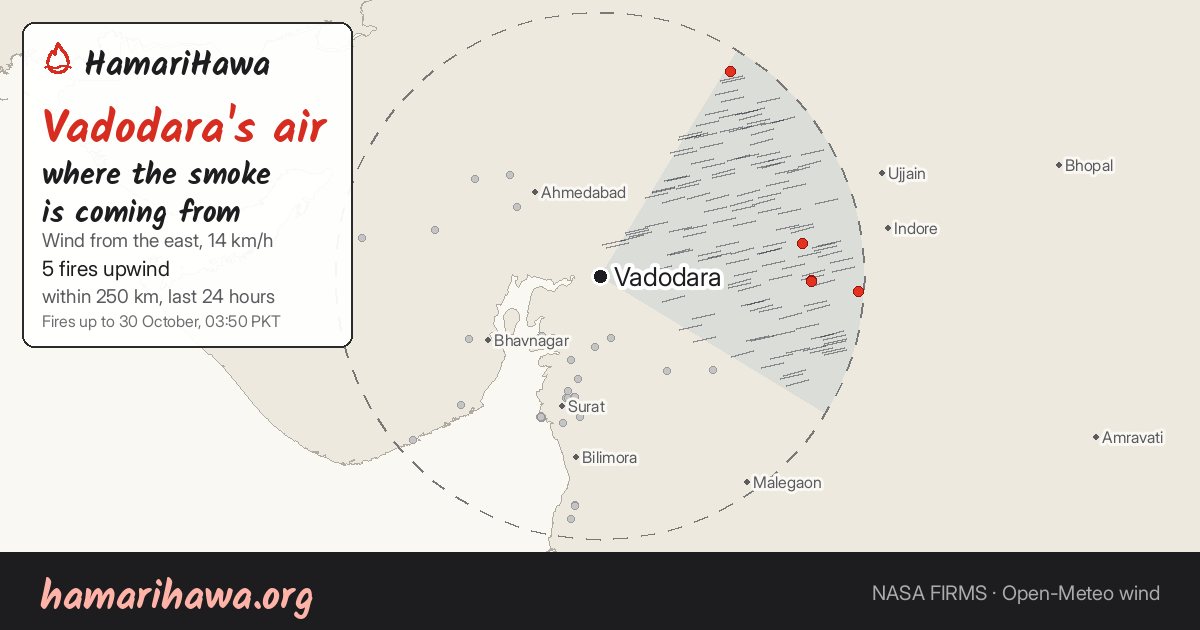 Vadodara: the last 24 hours of fires within 250 km and the wind